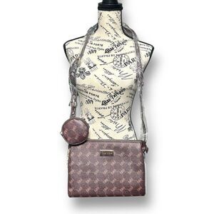 Nicole Miller NWT Brown Logo Crossbody Bag Coin Pouch Zip Purse Gold Hardware